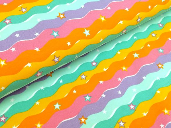 Reststück Baumwolljersey Regenbogen Wellen Sterne Pastell 80 x 150